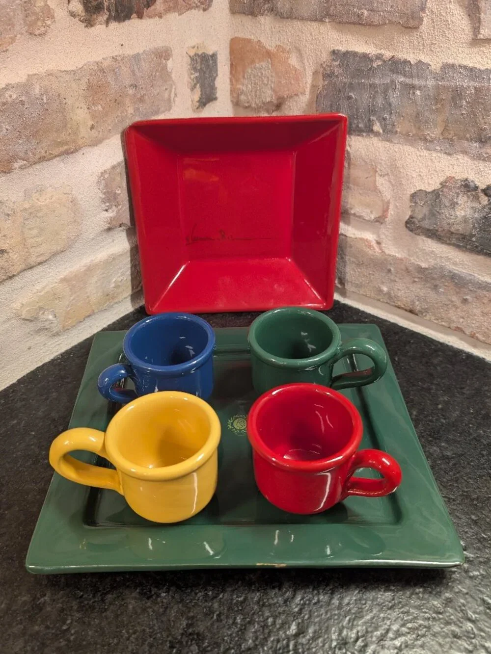 Share Lot of Mamma Ro Colorful Espresso Mugs, Square Bowl, Plate Made in Italy